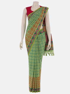 Green Printed and Embroidered Muslin Saree