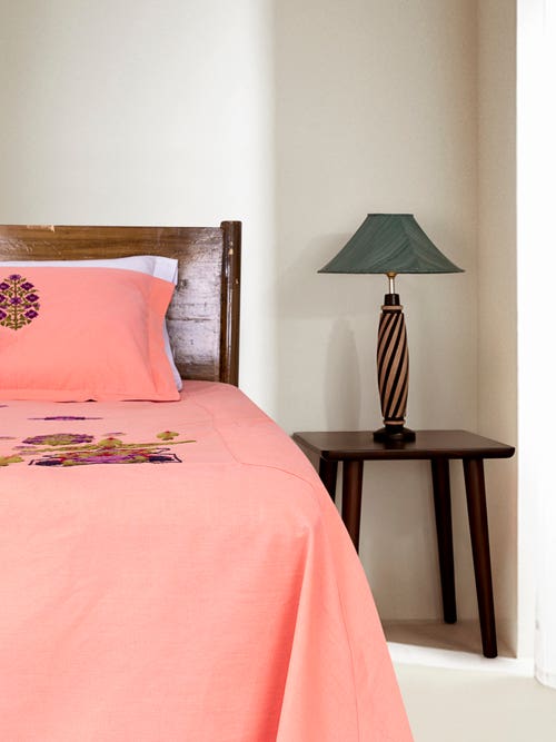 Peach Printed and Embroidered Cotton Bed Cover Set
