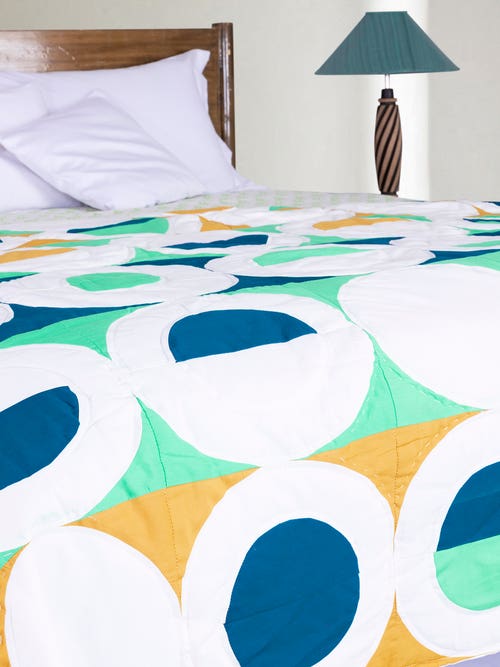 Turquoise/Navy Blue /Mustard Cotton Quilt