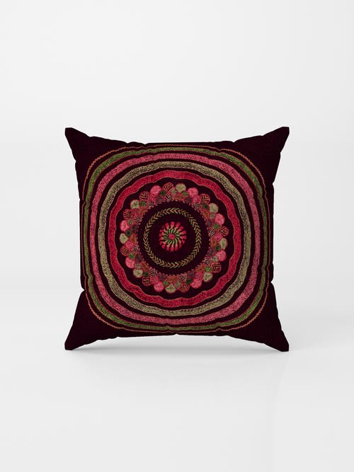 Plum Nakshi Kantha Embroidered Cotton Cushion Cover