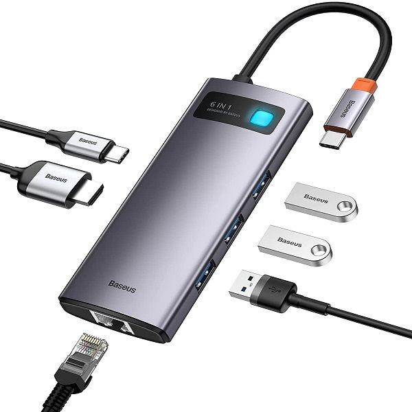 Baseus 6-in-1 USB Type C Hub For MacBook, Laptops (4K HDMI, 100W PD Charging, 3 USB 3.0 Ports, 1000Mbps Ethernet Port Adapter)